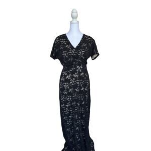LuLaRoe Elegant Noelle Black Lace Faux Wrap Maxi Dress Sz S Goth Romantic